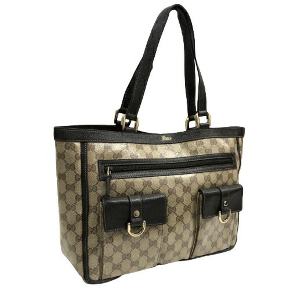 Gucci Tote Bag GG Crystal Leather Brown Khaki Green Shoulder Handbag Pattern
